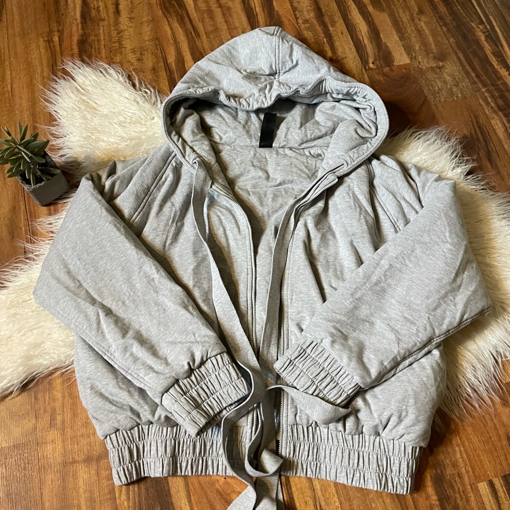 Norma Kamali Gray Full Zip Bomber Hooded Sweatshirt